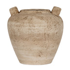 Sandy-brown urn vase facing forward, with rounded shoulders, a tapering base and two handles rising beside the mouth.