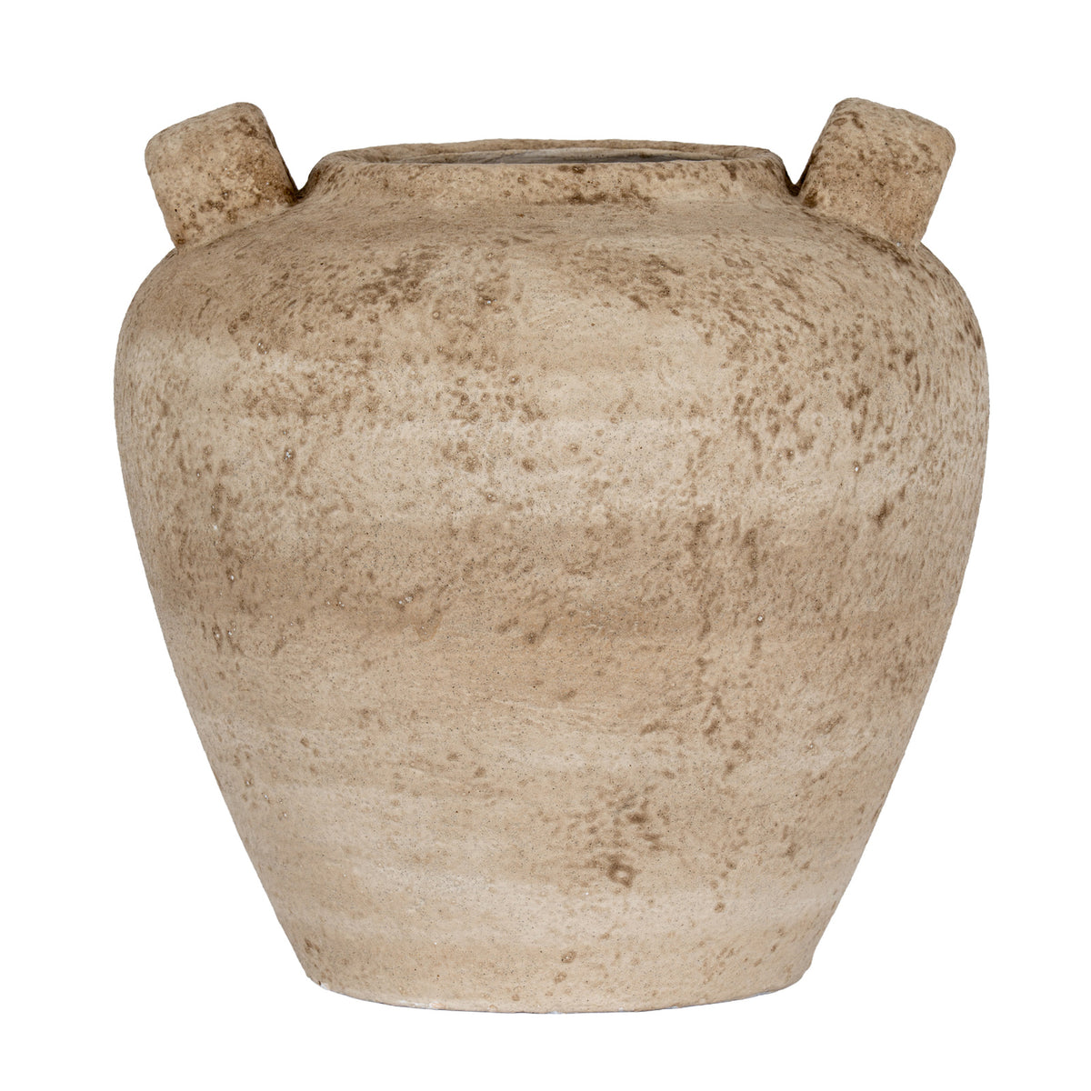 Sandy-brown urn vase facing forward, with rounded shoulders, a tapering base and two handles rising beside the mouth.