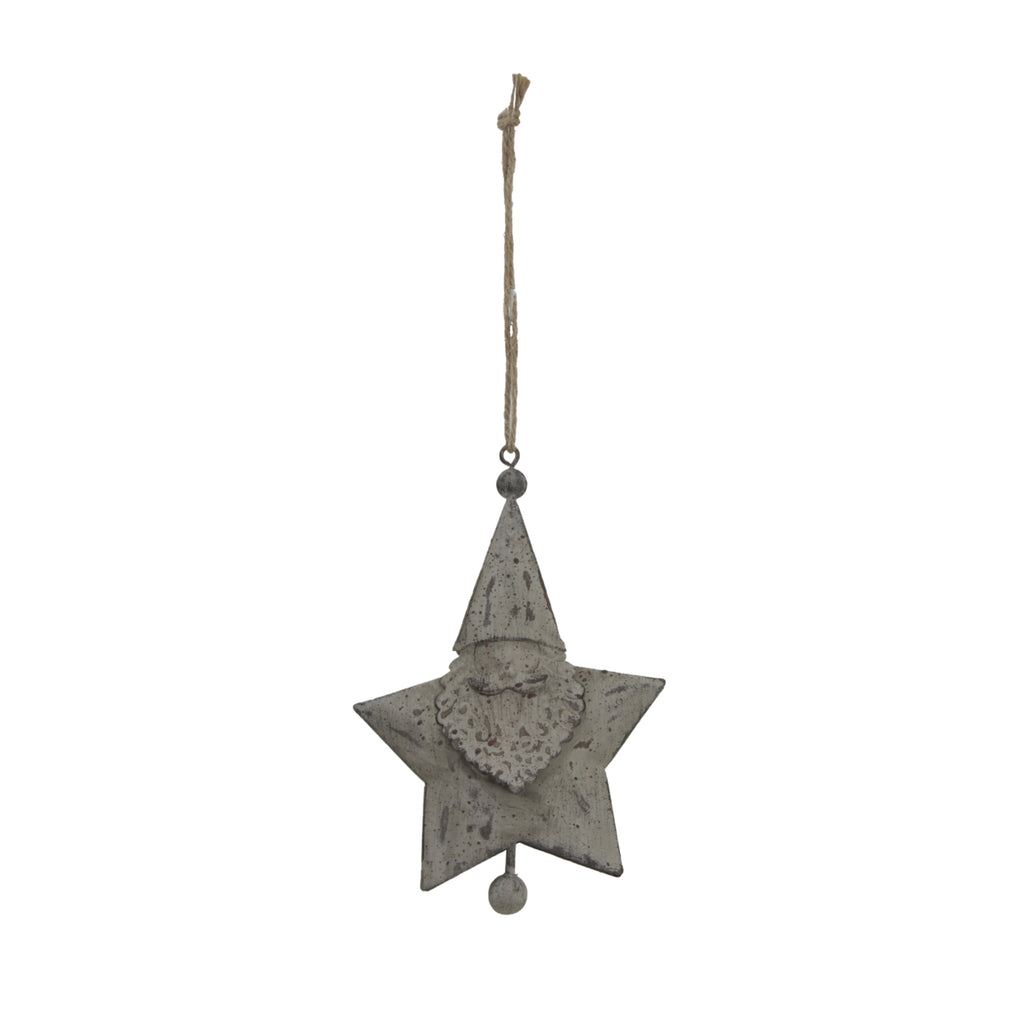 Front view of a distressed pale-grey Santa face star decoration with a long knotted hanging loop and a small round drop below.