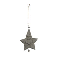 Front view of a distressed pale-grey Santa face star decoration with a long knotted hanging loop and a small round drop below.