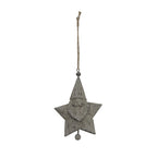 Front view of a distressed pale-grey Santa face star decoration with a long knotted hanging loop and a small round drop below.