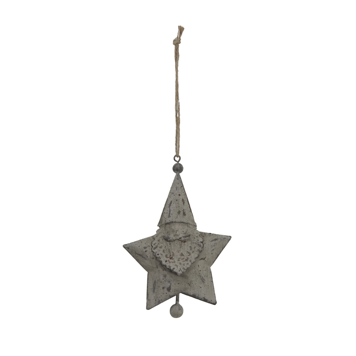 Front view of a distressed pale-grey Santa face star decoration with a long knotted hanging loop and a small round drop below.