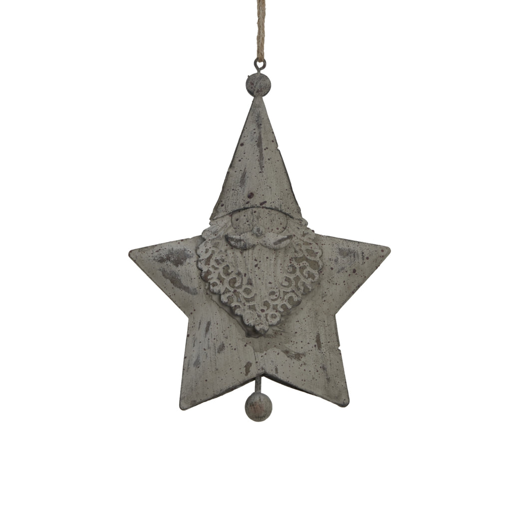 Close-up of the Santa star showing the tall pointed hat, curved moustache, curled beard and dark speckling across the pale-grey finish.