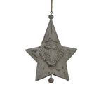 Close-up of the Santa star showing the tall pointed hat, curved moustache, curled beard and dark speckling across the pale-grey finish.