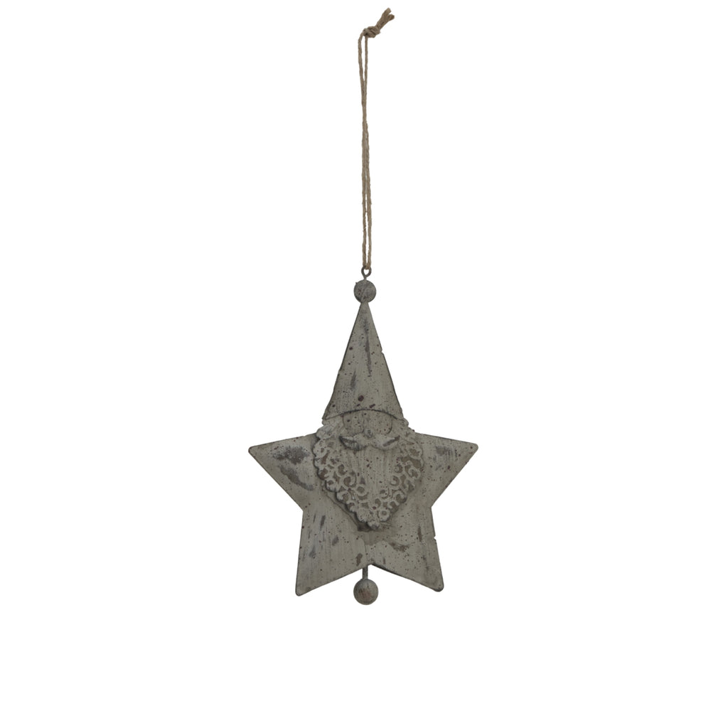 Full view of a distressed pale-grey Santa face star decoration with a long knotted neutral loop and a small round drop below the star.
