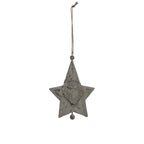 Full view of a distressed pale-grey Santa face star decoration with a long knotted neutral loop and a small round drop below the star.