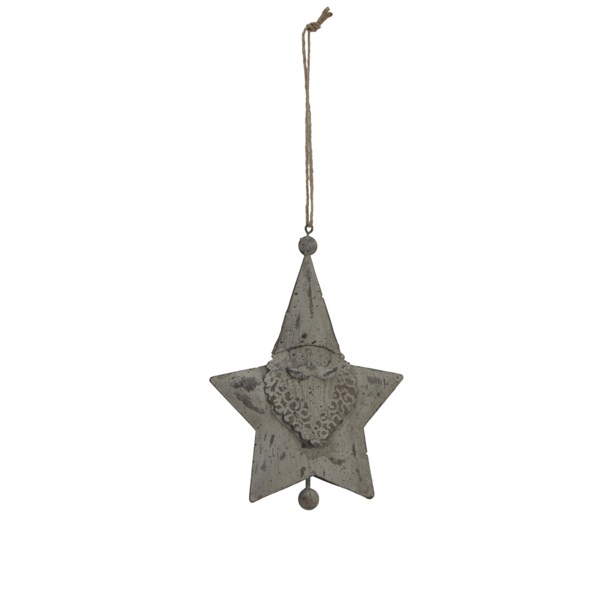 Full view of a distressed pale-grey Santa face star decoration with a long knotted neutral loop and a small round drop below the star.