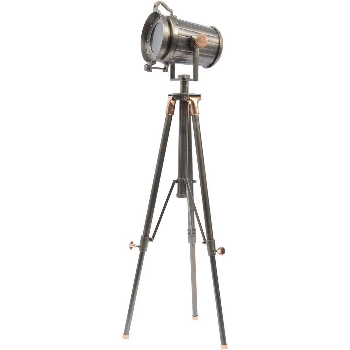 Grey tripod floor lamp shown at an angle on a white background, with a barrel-shaped spotlight head, top handle and copper fixings.