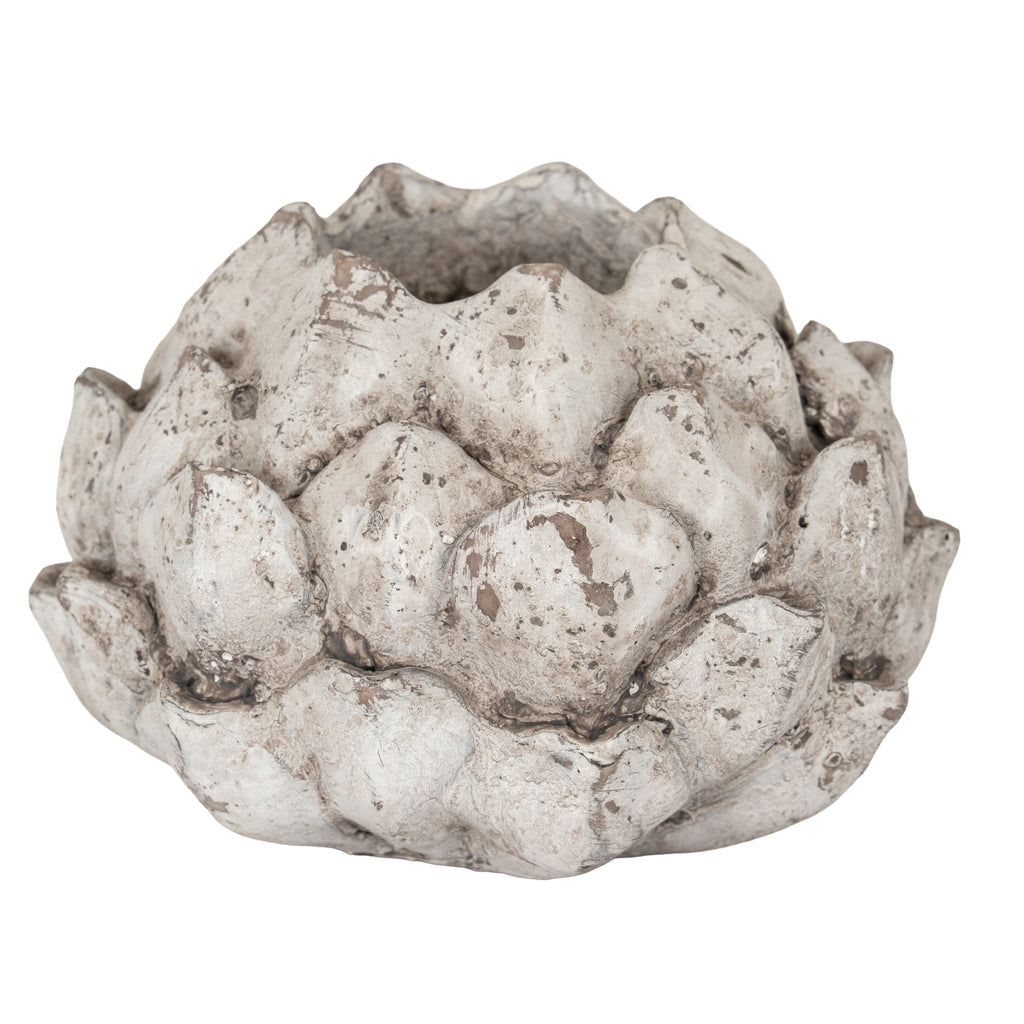 Large Scale Bud tea light holder with a rounded body of overlapping pointed scales and a mottled pale finish, shown against white.