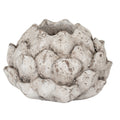 Large Scale Bud tea light holder with a rounded body of overlapping pointed scales and a mottled pale finish, shown against white.