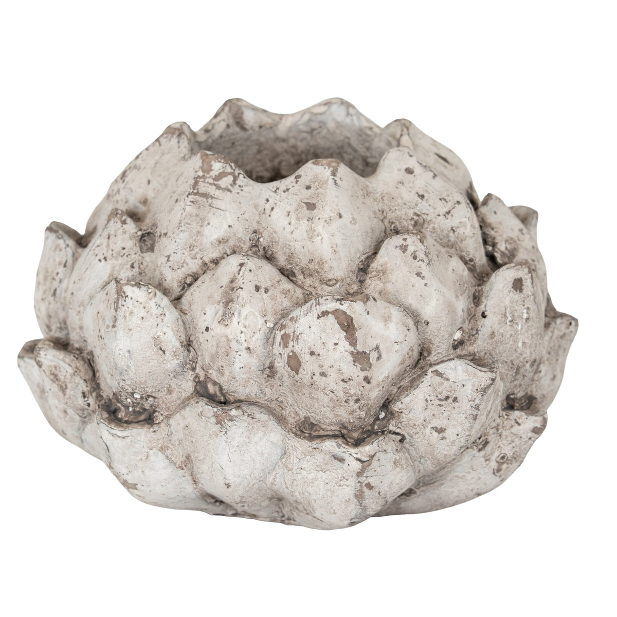 Large Scale Bud tea light holder with a rounded body of overlapping pointed scales and a mottled pale finish, shown against white.