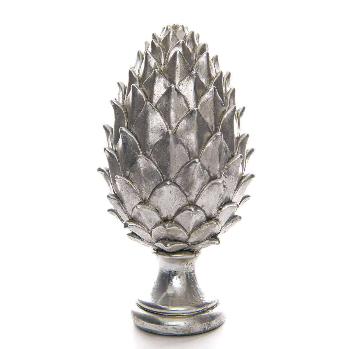 Silver-coloured pinecone finial with overlapping pointed scales, a narrow pedestal neck and rounded stepped base against white.
