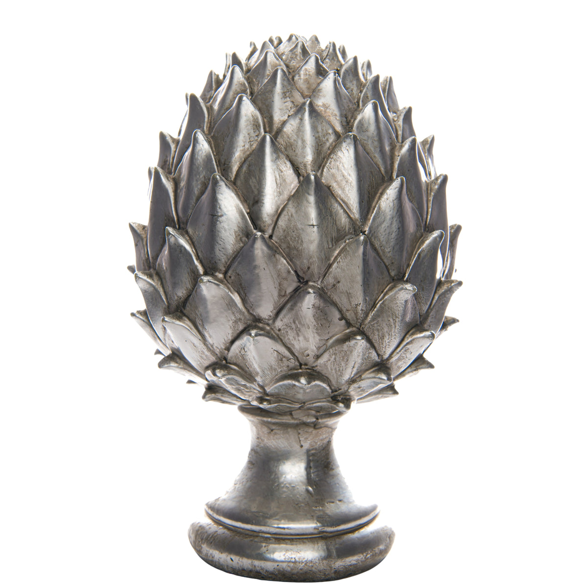 Silver-coloured pinecone finial with layered pointed scales, a narrow pedestal neck and rounded stepped base against white.