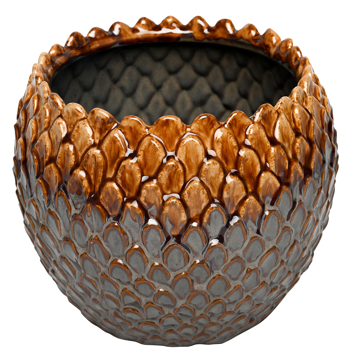 Elevated view of the scale planter showing its wide opening, scalloped amber rim and dark patterned interior.