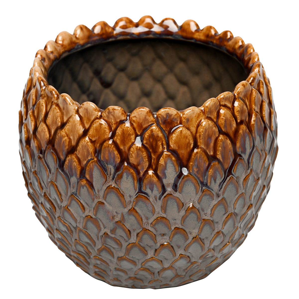 Elevated view of the scale planter showing its wide opening, dark glazed interior and uneven amber rim.
