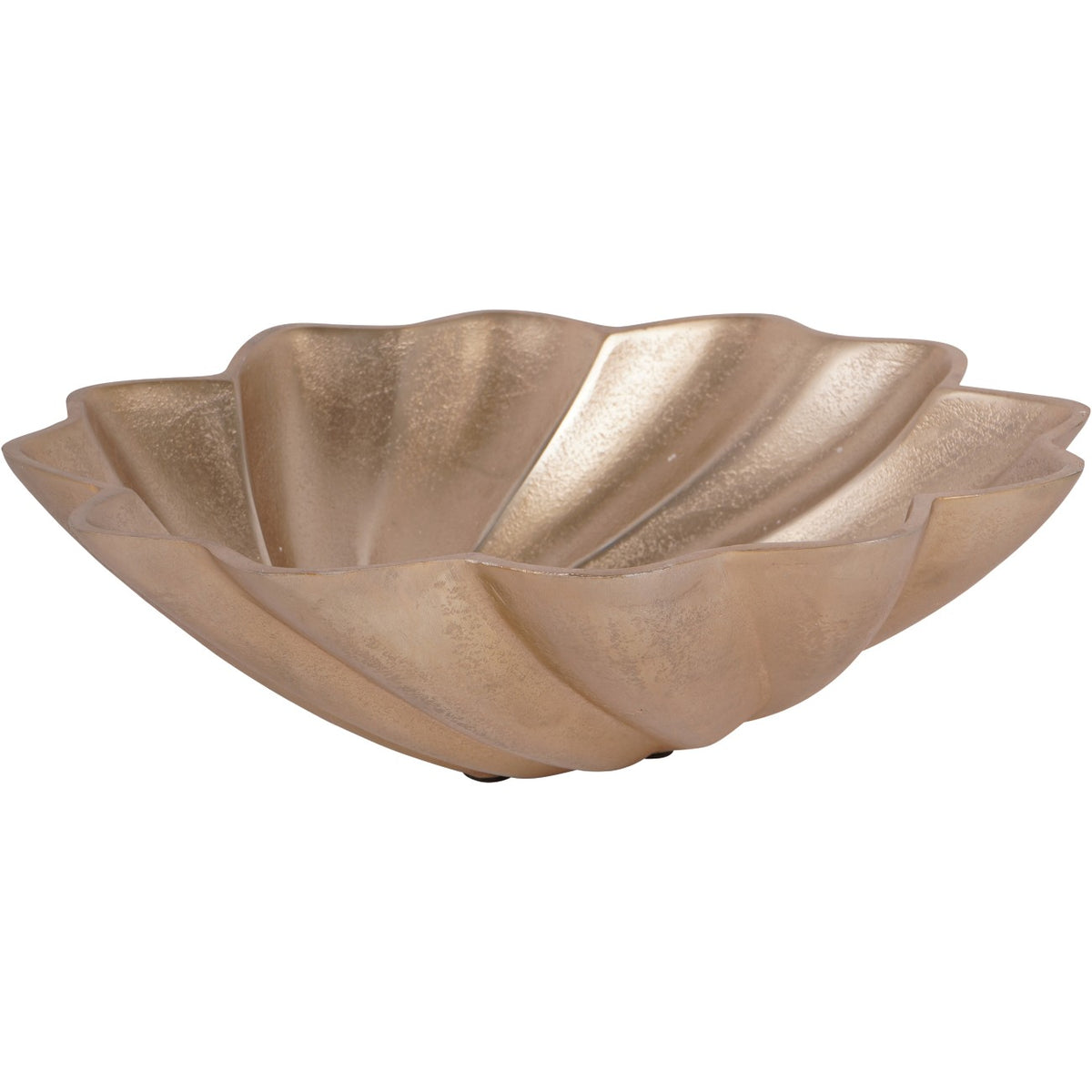 Angled view of a champagne-gold bowl with a scalloped rim and sweeping ridges inside and out.