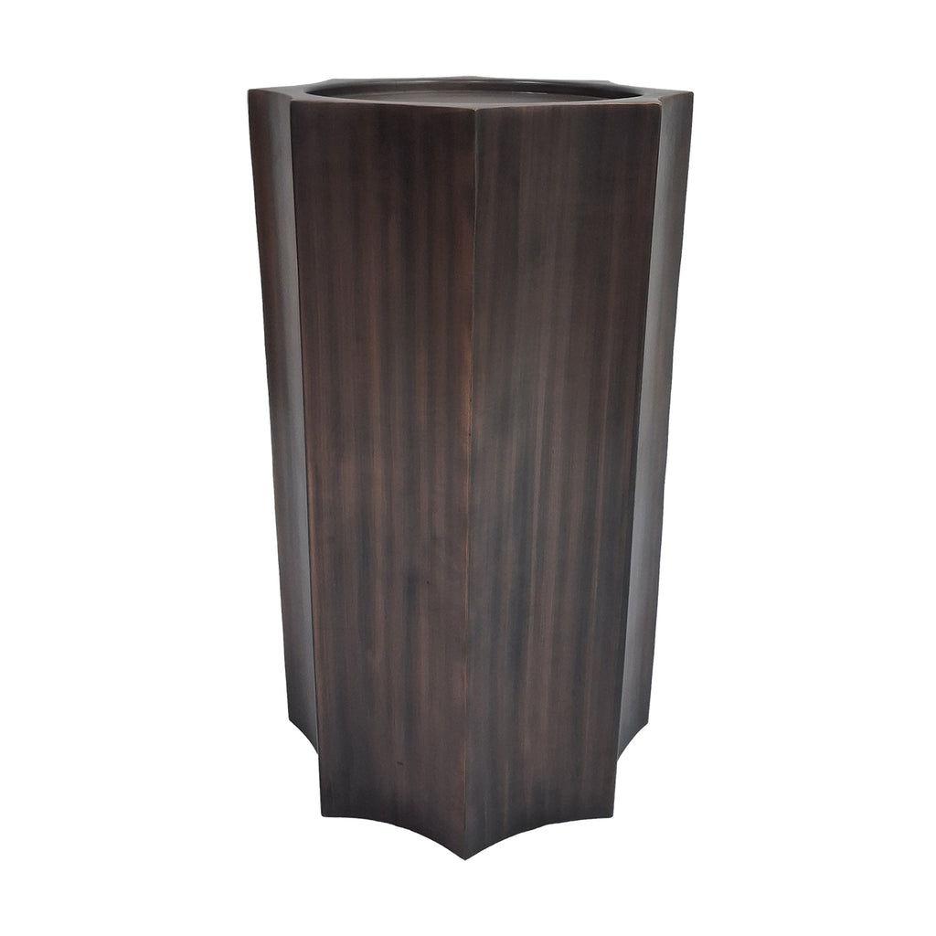 Full view of the dark bronze plinth showing its tall scalloped sides and inset top against a white background.