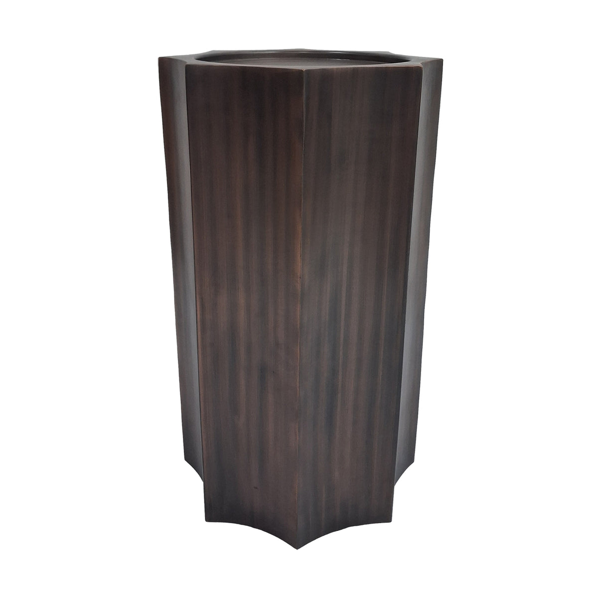 Full view of the dark bronze plinth showing its tall scalloped sides and inset top against a white background.