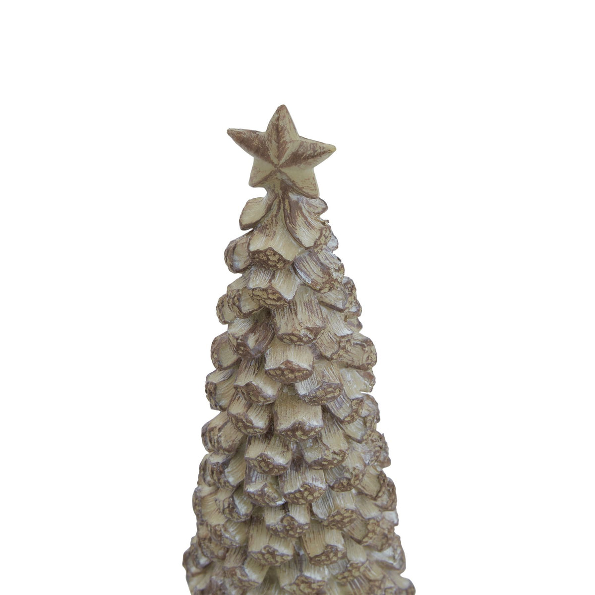 Close view of the tree ornament’s star and upper scalloped tiers, showing pale brushed markings and darker brown edges.