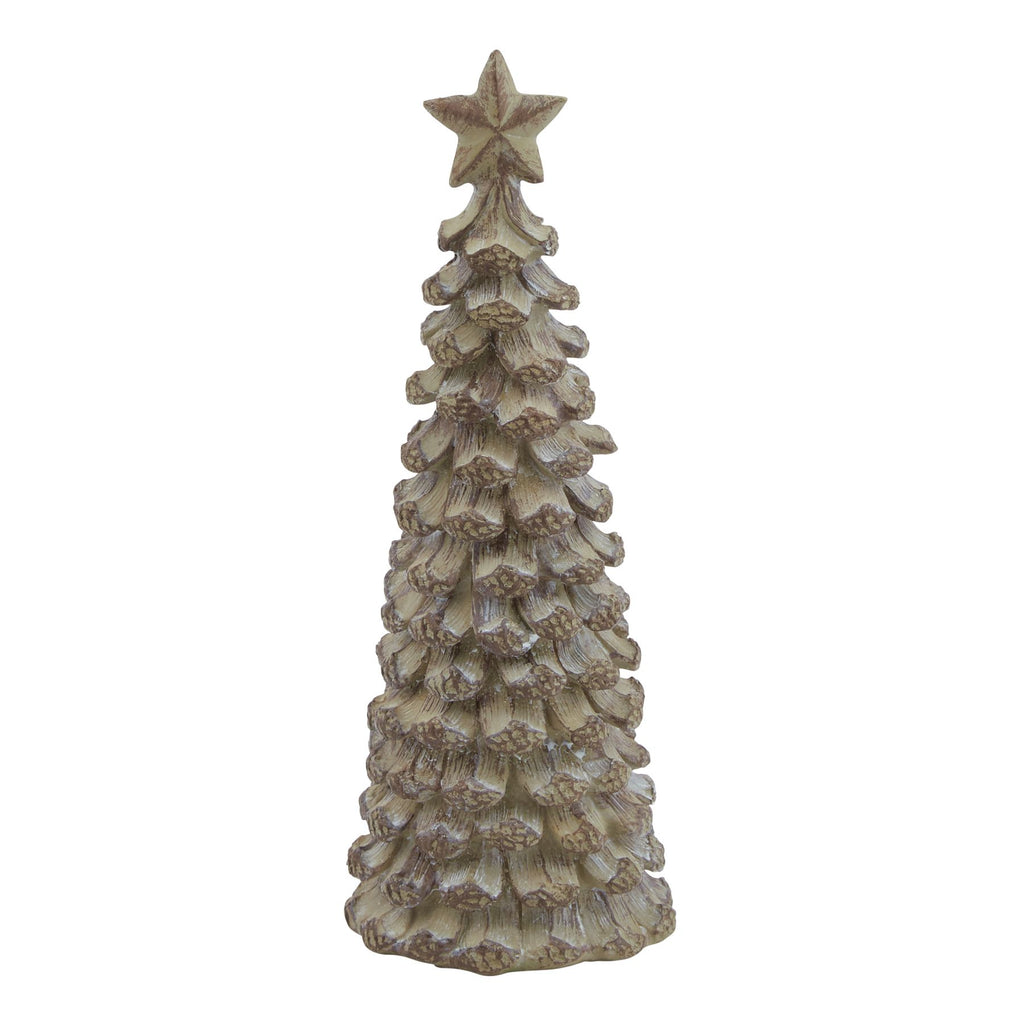 Full view of a beige-brown standing tree ornament with overlapping scalloped tiers and a five-pointed star against white.