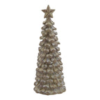 Full view of a beige-brown standing tree ornament with overlapping scalloped tiers and a five-pointed star against white.