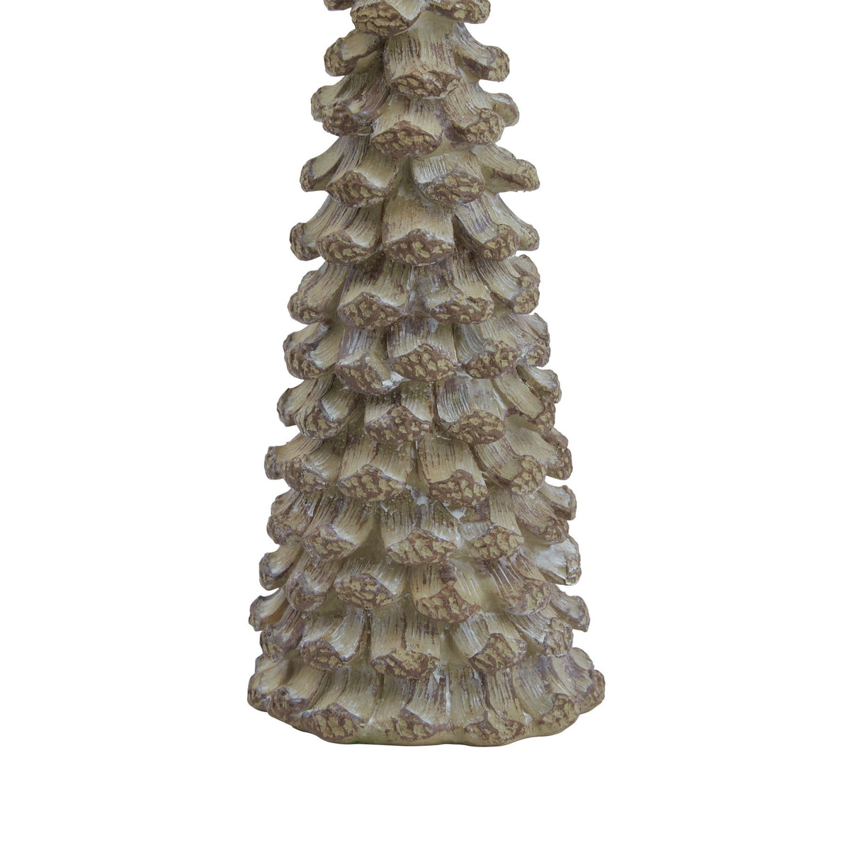 Detail of the tree ornament’s lower tiers and broad base, showing fine ridged lines and mottled scalloped edges.