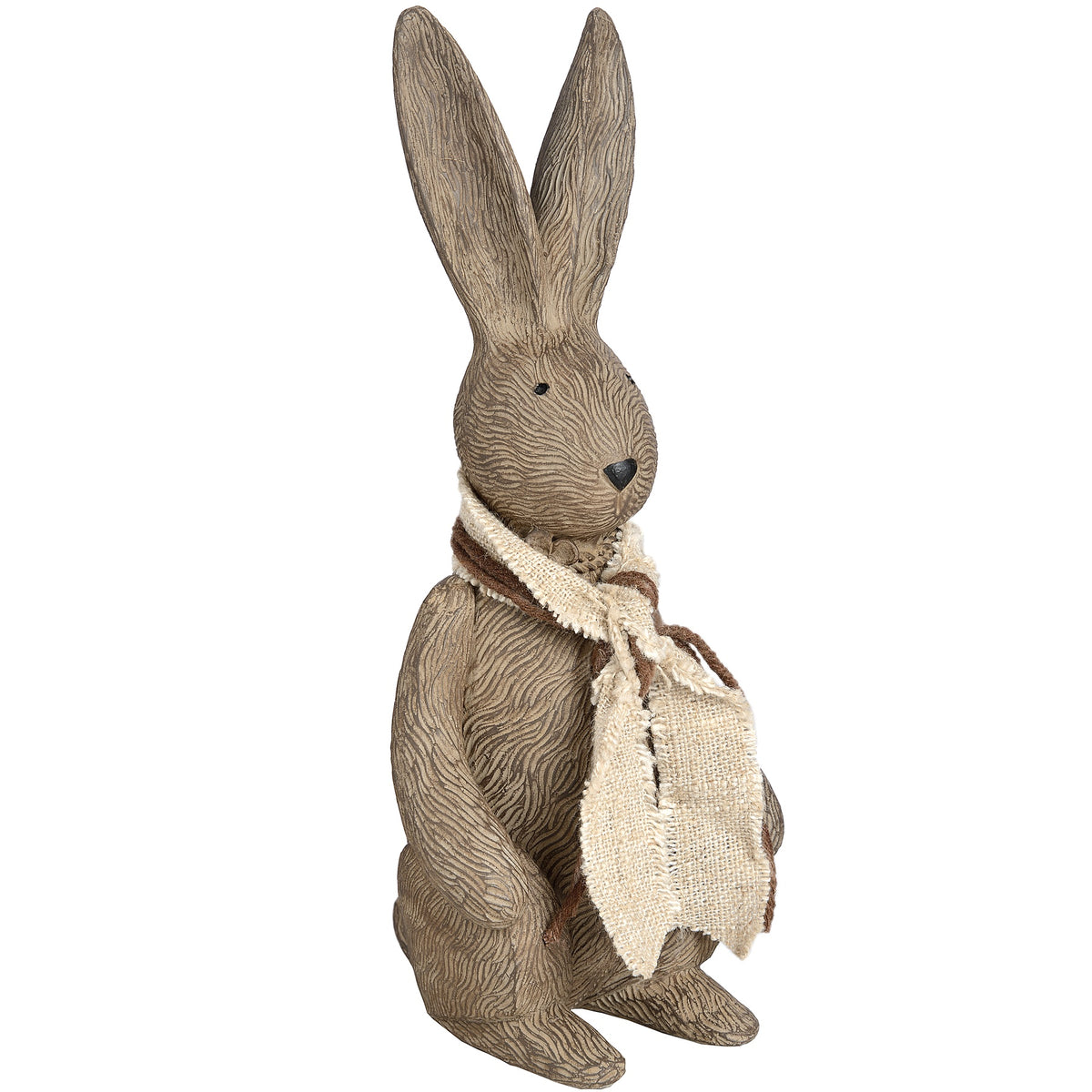 Small brown rabbit ornament viewed from the front at an angle, with long ears and a layered cream and brown scarf.