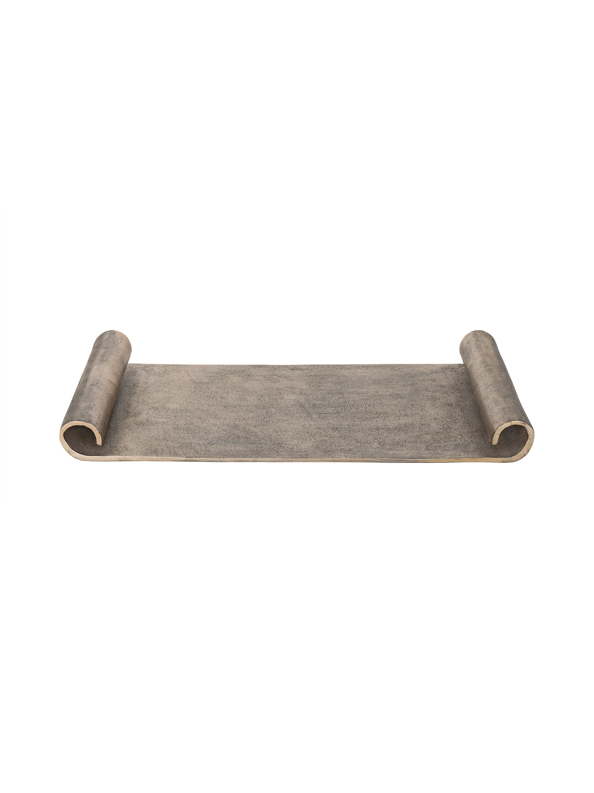 Front view of the antique gold tray with a flat rectangular centre and curled scroll ends against white.