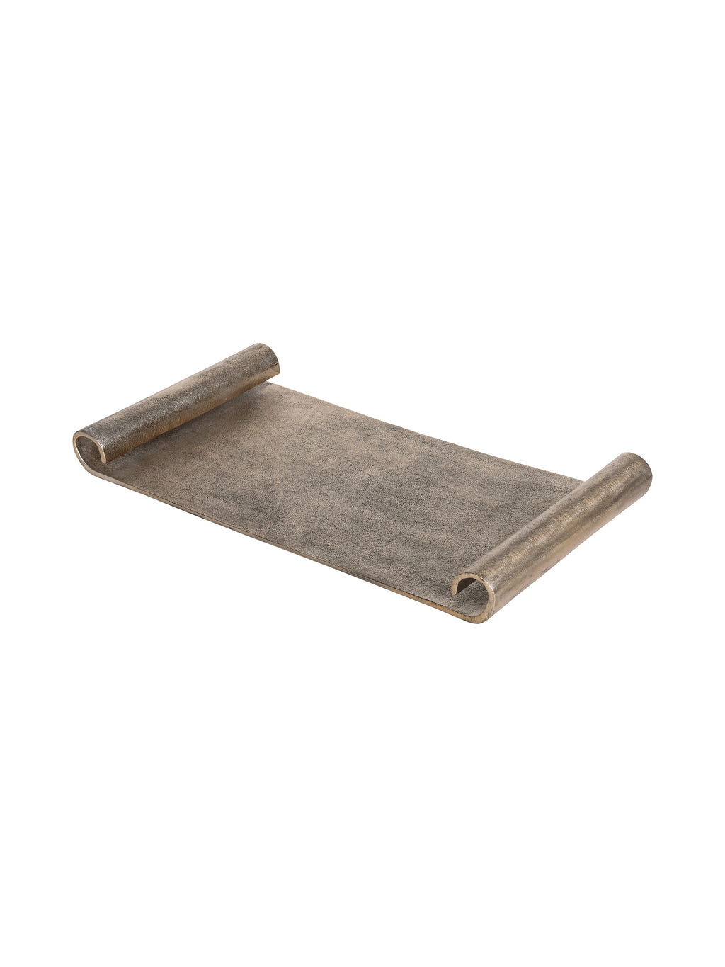 Angled view of the scroll-end tray showing its broad textured base and two inward-curving ends.