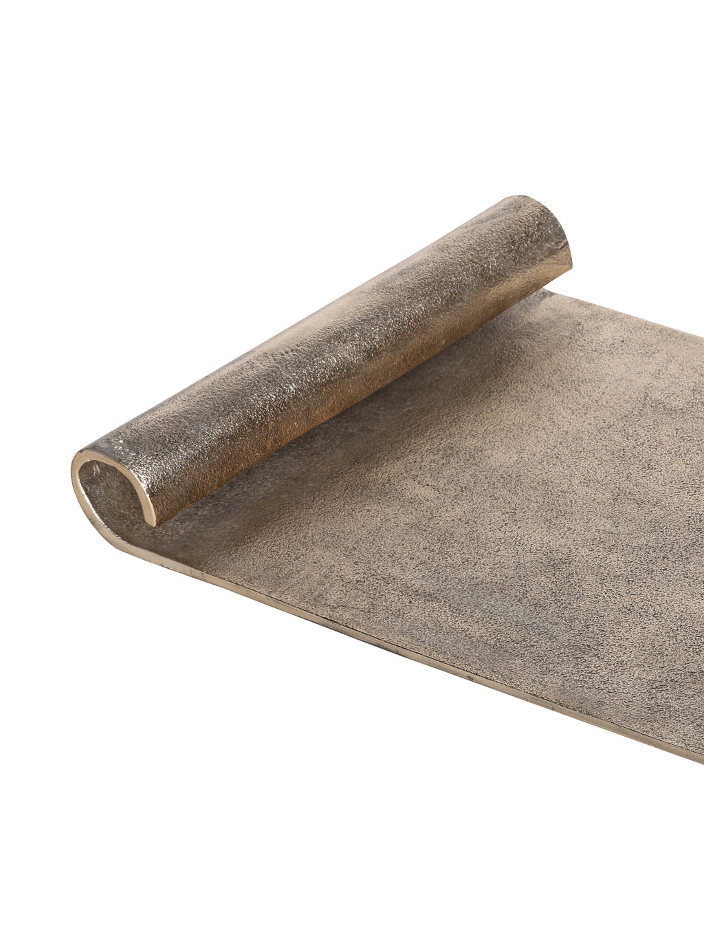 Close-up of one rolled tray end and the finely pitted antique gold surface.