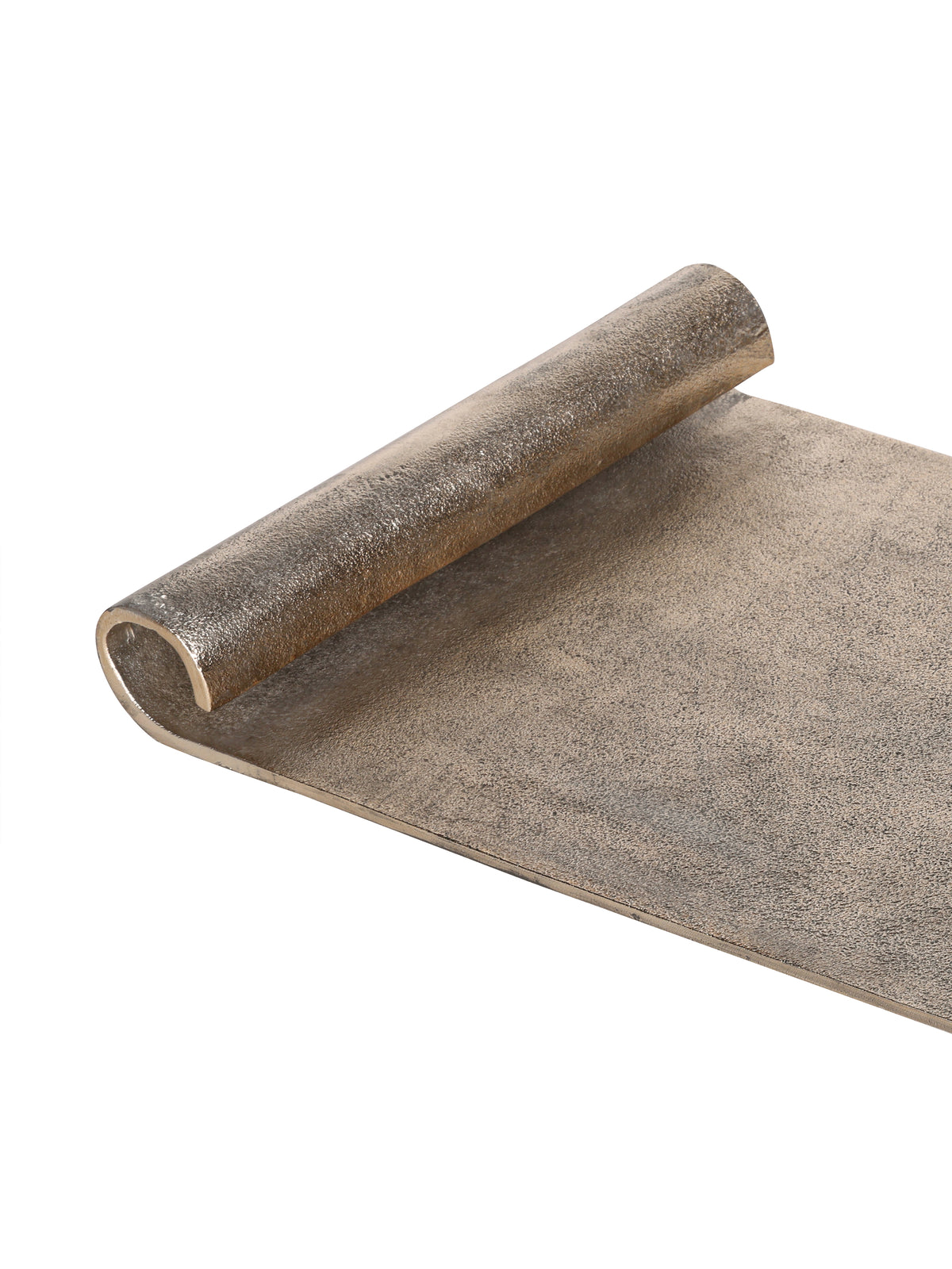 Close-up of one rolled tray end and the finely pitted antique gold surface.