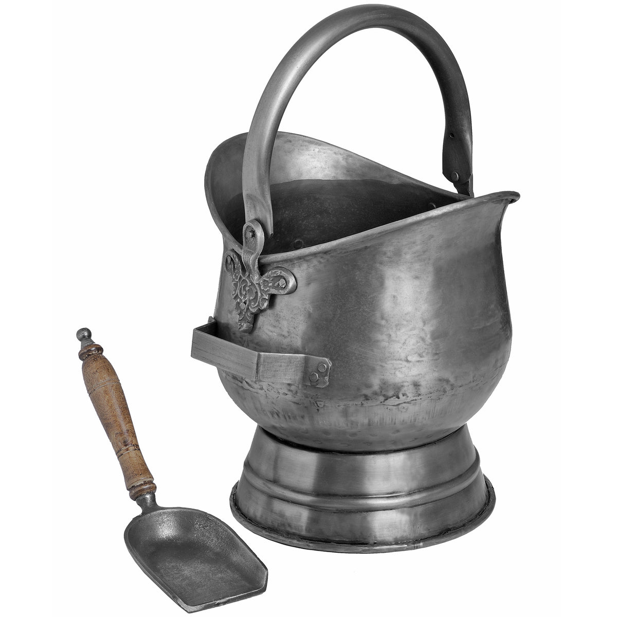 Coal bucket viewed from the shovel-holder side, with the shovel resting separately to the left and its scoop facing upwards.