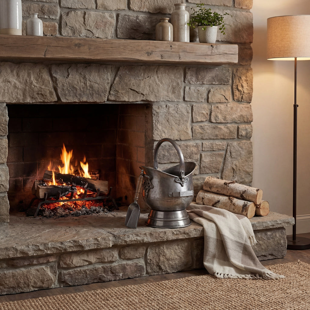 Coal bucket and shovel on a stone hearth beside a lit fireplace, with stacked logs, a cream throw and a floor lamp.