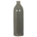 Full view of a tall grey vase with a cylindrical body, rounded shoulders and a narrow flared neck on a white background.