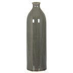 Full view of a tall grey vase with a cylindrical body, rounded shoulders and a narrow flared neck on a white background.