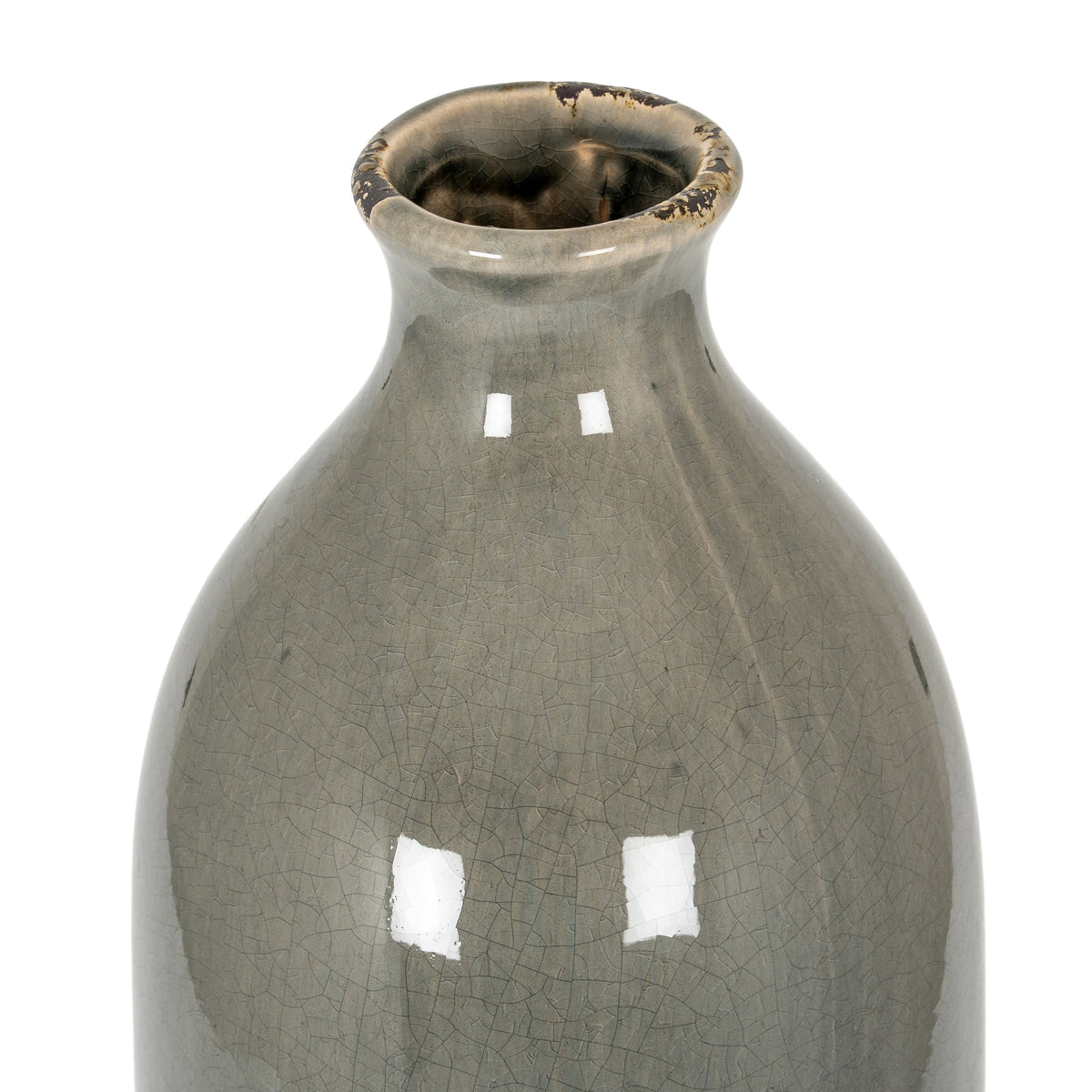 Angled close-up looking into the grey vase opening, showing dark distressed marks around the rim and fine crackle glaze across the shoulders.
