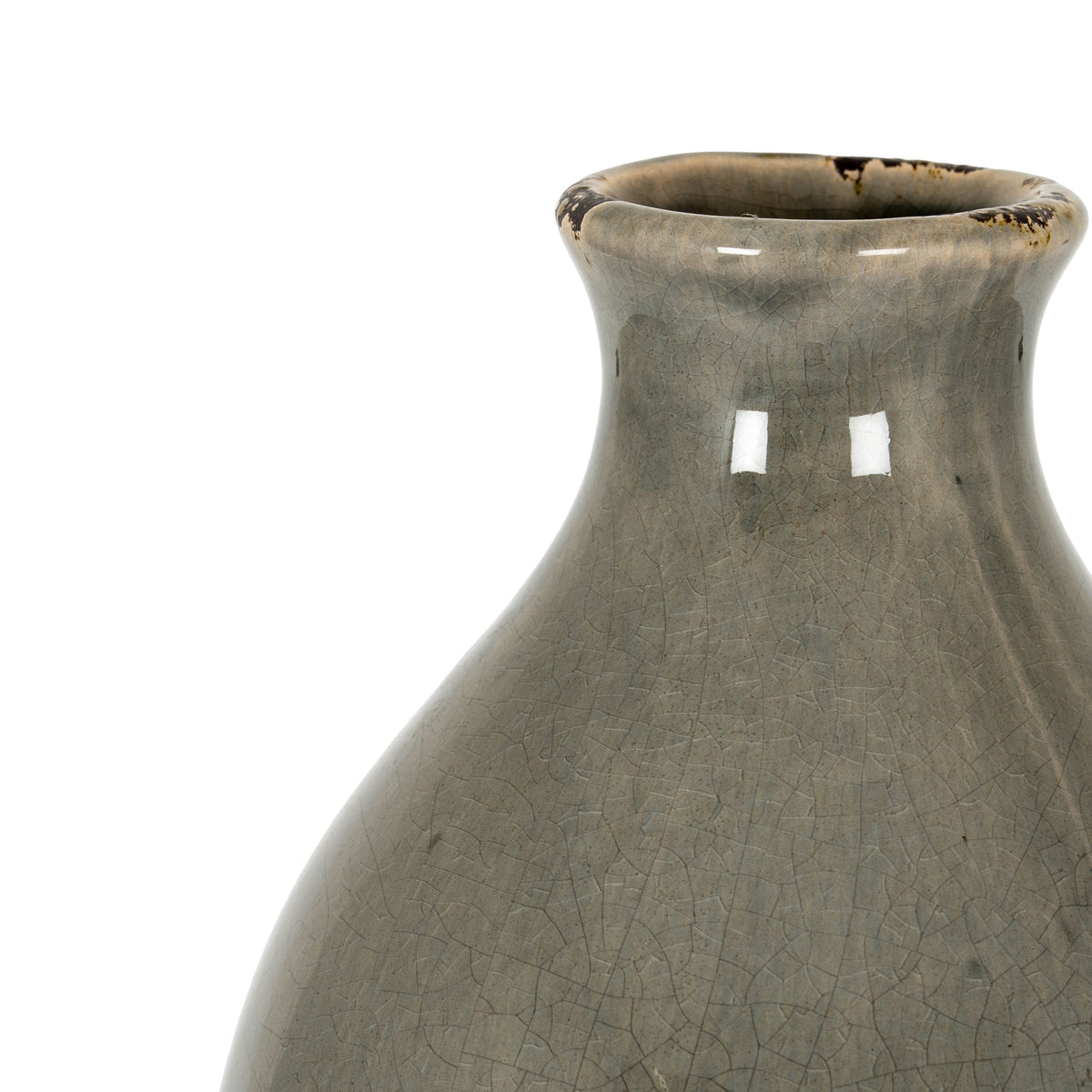 Close-up of the vase neck and flared lip, with glossy grey crackle glaze and irregular dark patches along the rim.