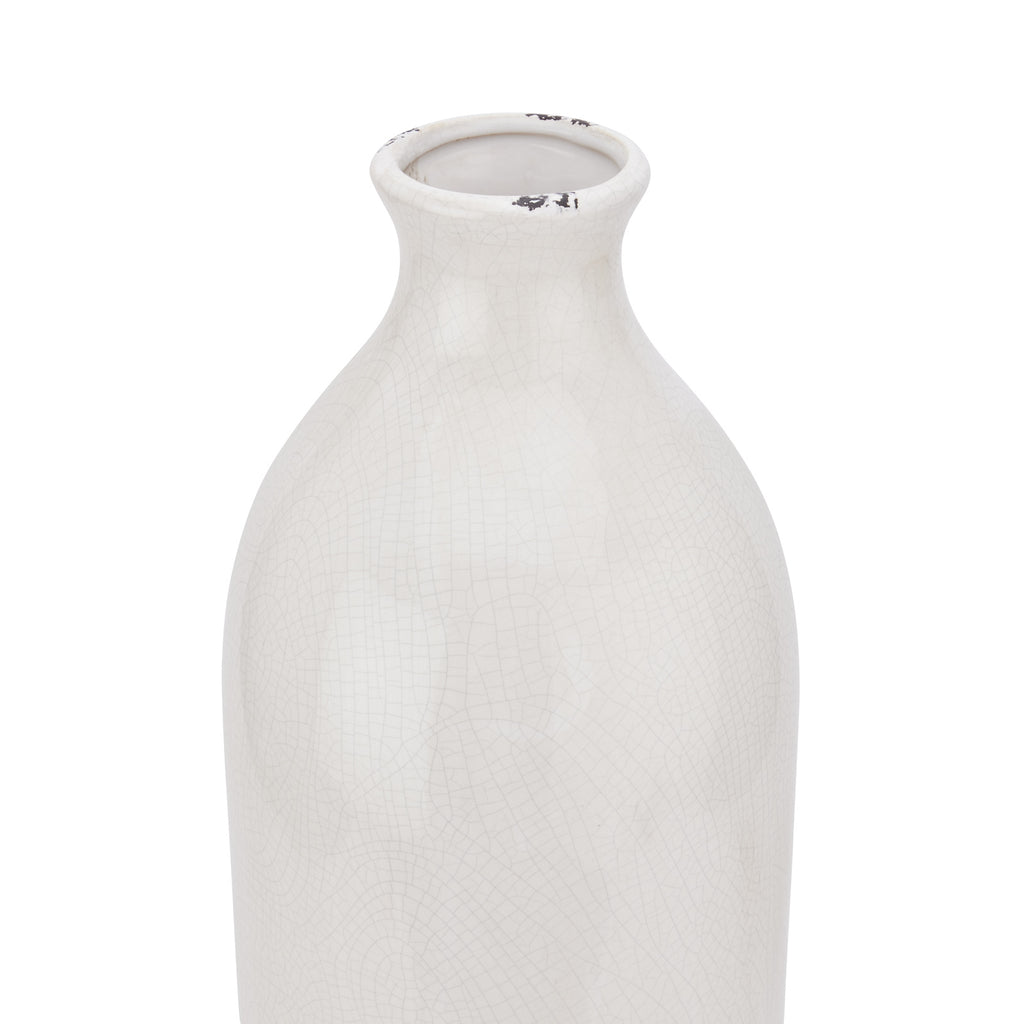Close-up of the vase's short neck and rounded rim, showing fine crackle lines and dark distressed patches.