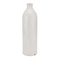 Tall off-white bottle-shaped vase with straight sides, rounded shoulders and small dark marks at the rim and base.
