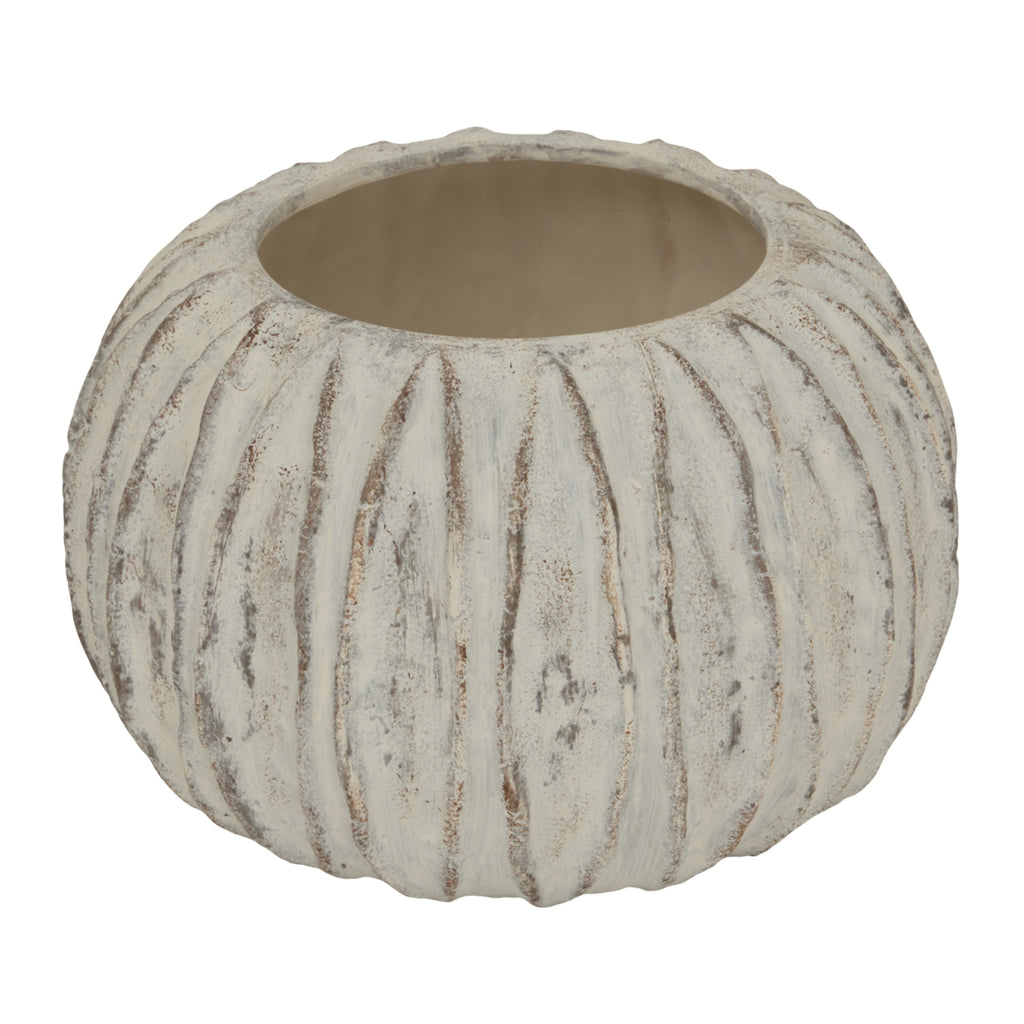 Low rounded vase with pale distressed vertical fins and a broad circular opening, shown against white.