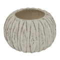 Low rounded vase with pale distressed vertical fins and a broad circular opening, shown against white.