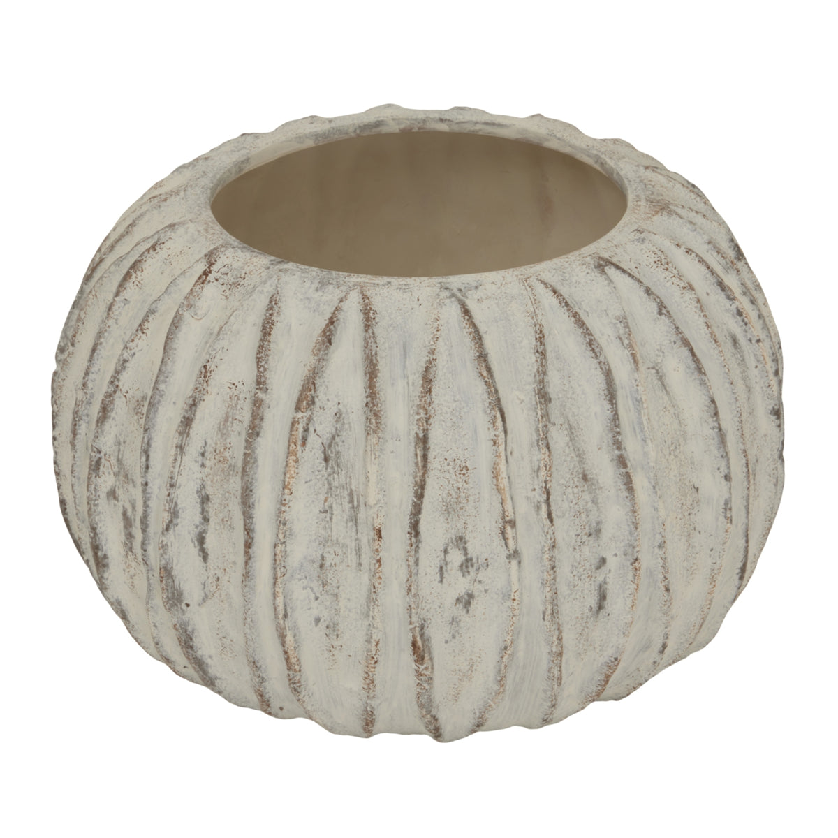 Low rounded vase with pale distressed vertical fins and a broad circular opening, shown against white.