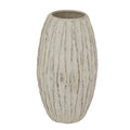 Pale oval Finrib vase with vertical raised ribs and a broad open mouth against a white background.
