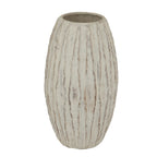 Pale oval Finrib vase with vertical raised ribs and a broad open mouth against a white background.