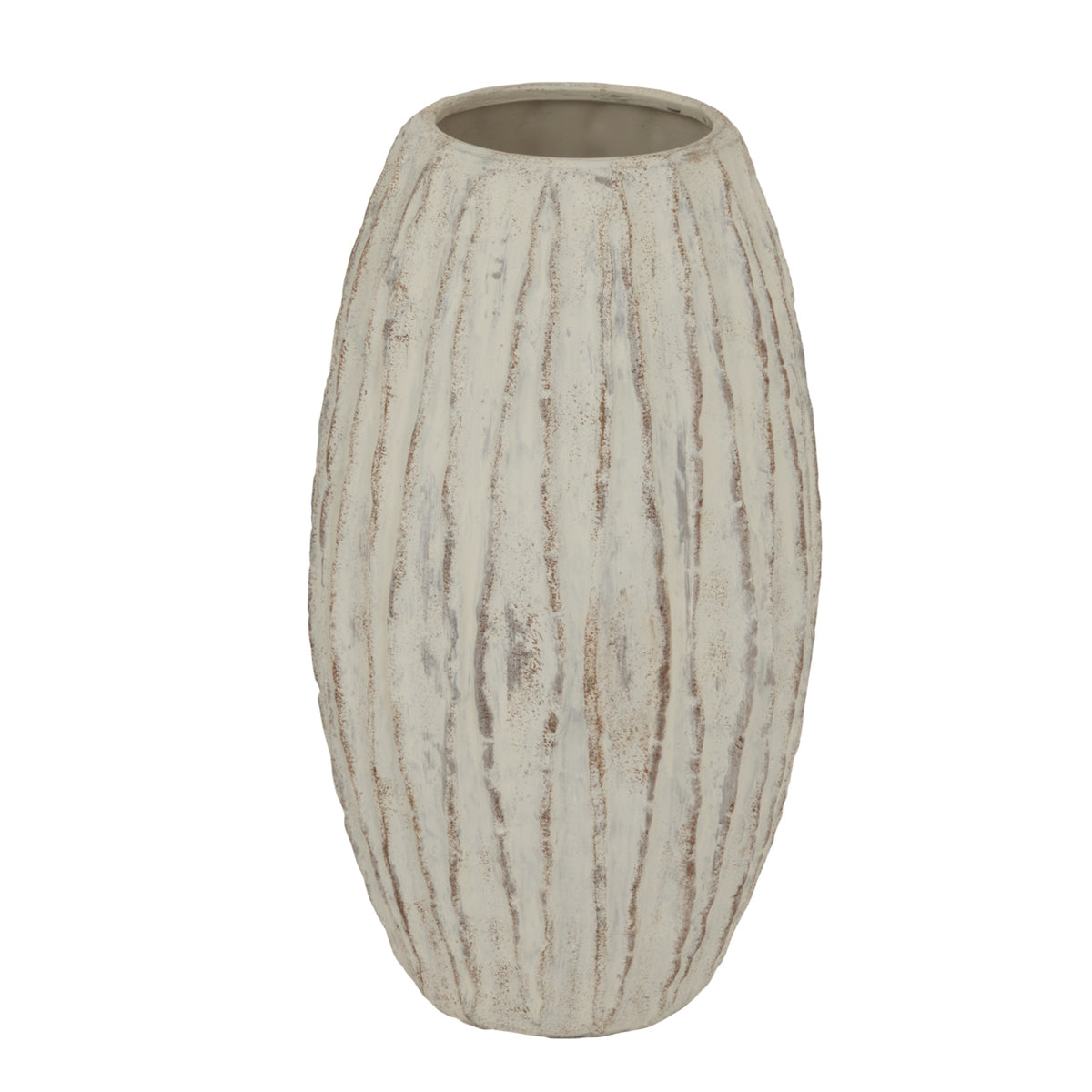 Pale oval Finrib vase with vertical raised ribs and a broad open mouth against a white background.