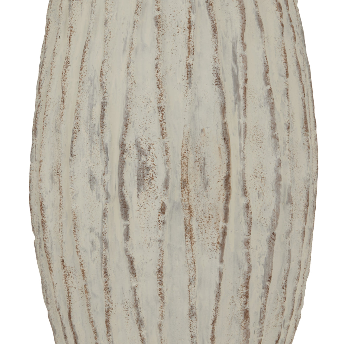 Detail of uneven vertical ribs with grey streaks and brown distressed markings on the vase's pale surface.
