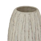 Close view of the vase's broad rim and grey interior, with brown speckling across the pale ribbed shoulders.