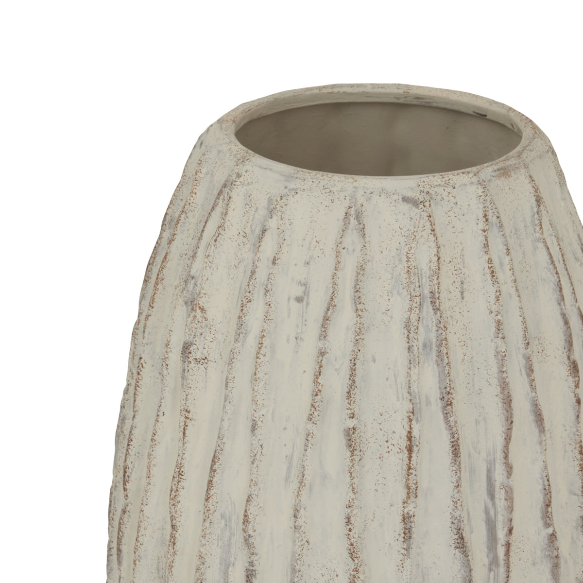 Close view of the vase's broad rim and grey interior, with brown speckling across the pale ribbed shoulders.