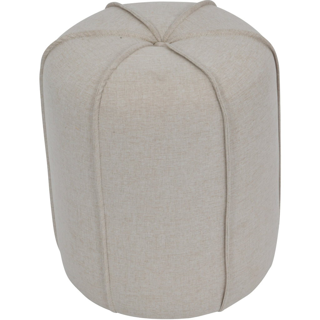 Oatmeal linen footstool viewed from above at an angle, showing curved piped panels and a central button.