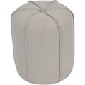 Oatmeal linen footstool viewed from above at an angle, showing curved piped panels and a central button.